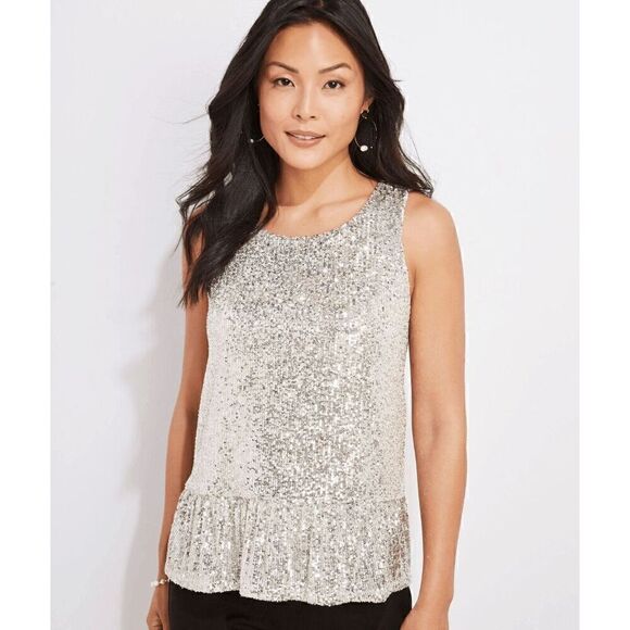 NWT Vineyard Vines Silver Sequin Peplum Top Fun and Flirty Women's large - Picture 1 of 7